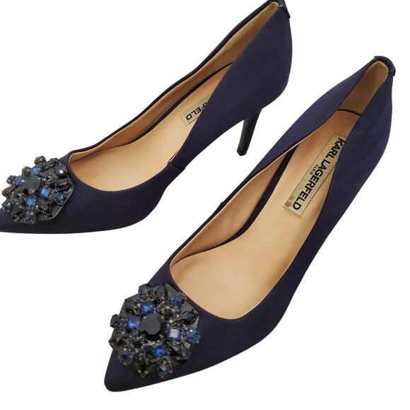 Karl Lagerfeld blue fabric jeweled heels pumps sz 7.5M - Picture 1 of 11